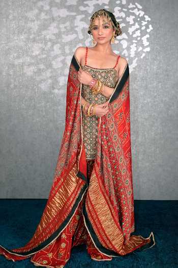 Sheeshakari_Green Silk Scoop Neck Ajrakh Pattern Kurta Gharara Set _at_Aza_Fashions