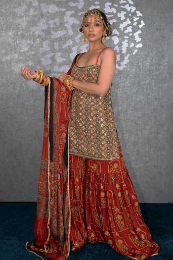 Sheeshakari Ajrakh Pattern Kurta Gharara Set 