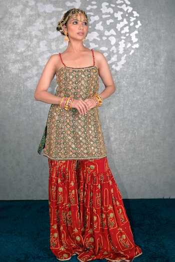 Buy_Sheeshakari_Green Silk Scoop Neck Ajrakh Pattern Kurta Gharara Set 