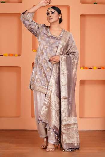 Buy_Sheeshakari_Purple Silk Scoop Neck Butti Pattern Kurta Set _Online_at_Aza_Fashions