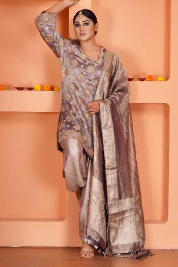 Shop_Sheeshakari_Purple Silk Scoop Neck Butti Pattern Kurta Set _Online_at_Aza_Fashions