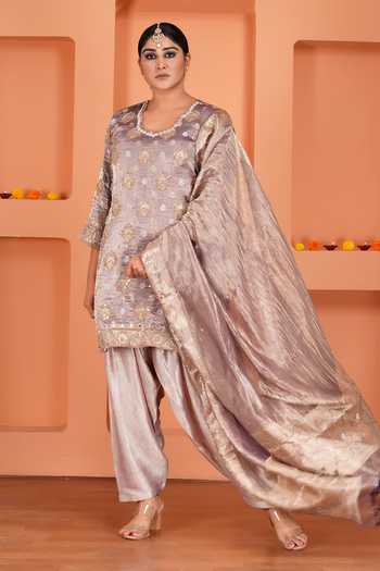 Sheeshakari_Purple Silk Scoop Neck Butti Pattern Kurta Set _at_Aza_Fashions