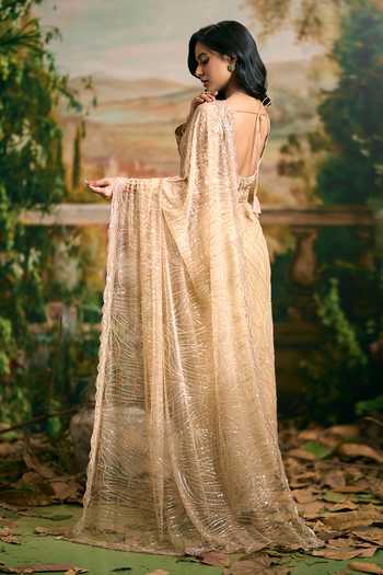 Samyukta Singhania_Beige Net Sweetheart Neck Beaded Saree And Blouse Set _Online_at_Aza_Fashions