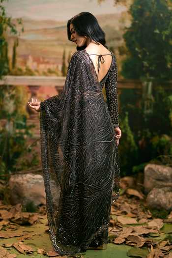 Samyukta Singhania_Black Net V-neck Sequin Embellished Saree And Blouse Set _Online_at_Aza_Fashions