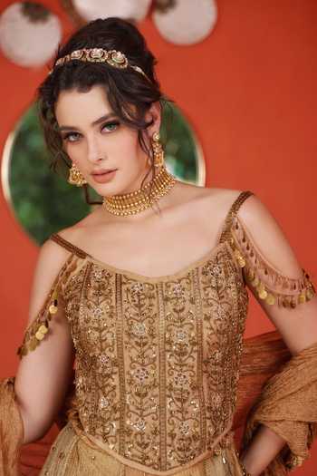 Lasha_Gold Tissue Beads, Pearls, Cut Work, Tassels Scoop Neck Crushed Lehenga Set _Online_at_Aza_Fashions