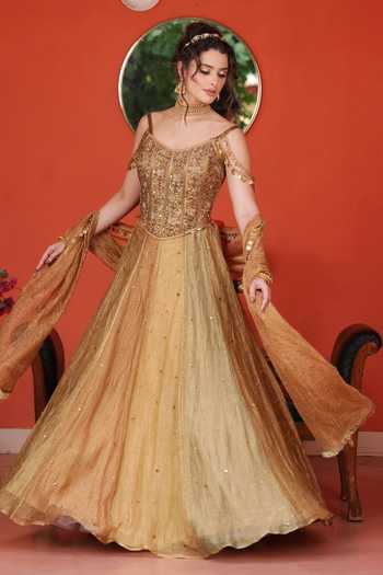 Buy_Lasha_Gold Tissue Beads, Pearls, Cut Work, Tassels Scoop Neck Crushed Lehenga Set _Online_at_Aza_Fashions