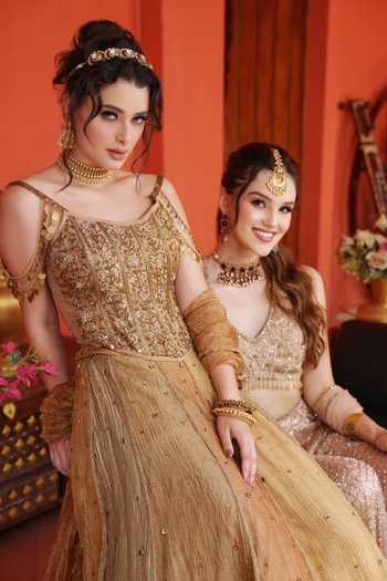 Shop_Lasha_Gold Tissue Beads, Pearls, Cut Work, Tassels Scoop Neck Crushed Lehenga Set _Online_at_Aza_Fashions