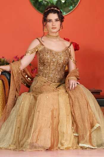 Lasha_Gold Tissue Beads, Pearls, Cut Work, Tassels Scoop Neck Crushed Lehenga Set _at_Aza_Fashions