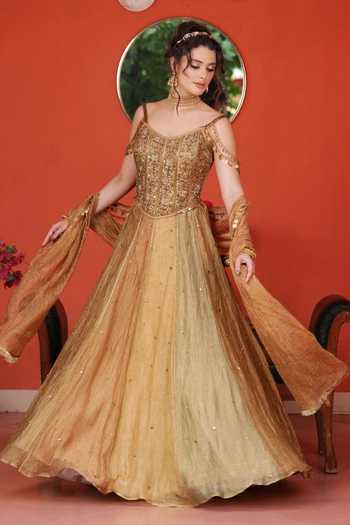 Shop_Lasha_Gold Tissue Beads, Pearls, Cut Work, Tassels Scoop Neck Crushed Lehenga Set 