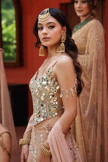 Lasha_Gold Silk, Tissue, Net Mirrors Sweetheart Neck Pure Lehenga Set _Online_at_Aza_Fashions