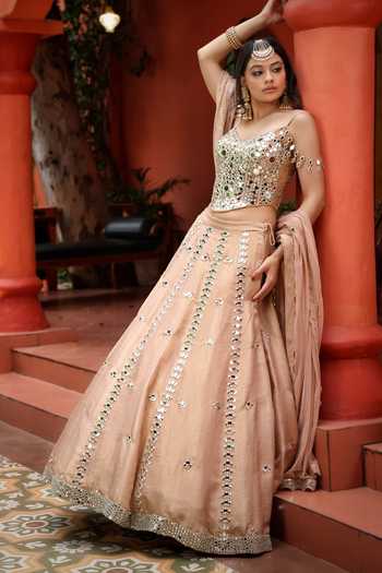 Buy_Lasha_Gold Silk, Tissue, Net Mirrors Sweetheart Neck Pure Lehenga Set _Online_at_Aza_Fashions