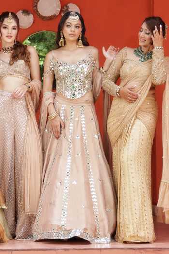 Buy_Lasha_Gold Silk, Tissue, Net Mirrors Sweetheart Neck Pure Lehenga Set 