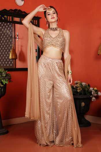 Buy_Lasha_Pink Satin, Net Halter Neck Blouse And Sharara Set _Online_at_Aza_Fashions
