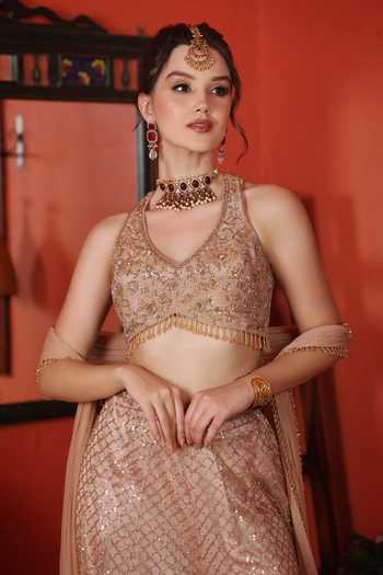 Shop_Lasha_Pink Satin, Net Halter Neck Blouse And Sharara Set _Online_at_Aza_Fashions