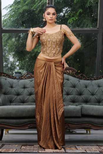 Lasha_Gold Tissue Beads, Pearls, Stones Scoop Neck Zari Corset And Skirt Set _Online_at_Aza_Fashions