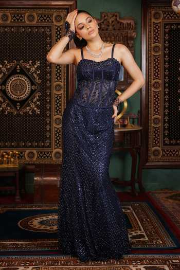 Buy_Lasha_Navy Satin, Net Stones, Crystals Sweetheart Embroidered Corset And Lehenga Set _Online_at_Aza_Fashions