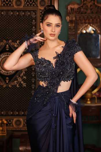 Lasha_Navy Satin, Net V-neck Pre-draped Saree And Sleeveless Blouse Set _Online_at_Aza_Fashions