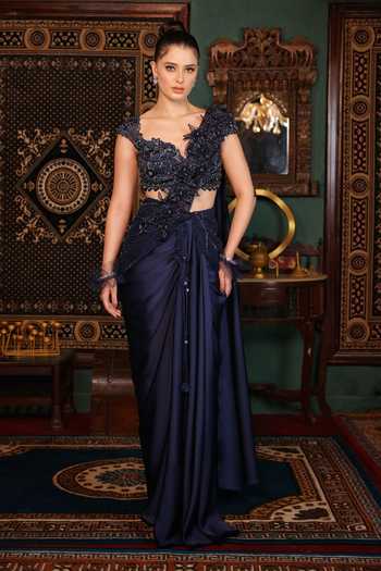 Shop_Lasha_Navy Satin, Net V-neck Pre-draped Saree And Sleeveless Blouse Set _Online_at_Aza_Fashions