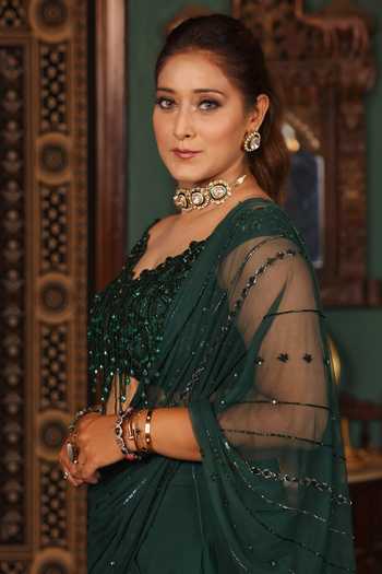Lasha_Emerald Green Crepe, Net Sweetheart Pre-draped Saree And Embroidered Blouse Set _Online_at_Aza_Fashions