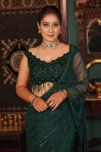Buy_Lasha_Emerald Green Crepe, Net Sweetheart Pre-draped Saree And Embroidered Blouse Set _Online_at_Aza_Fashions