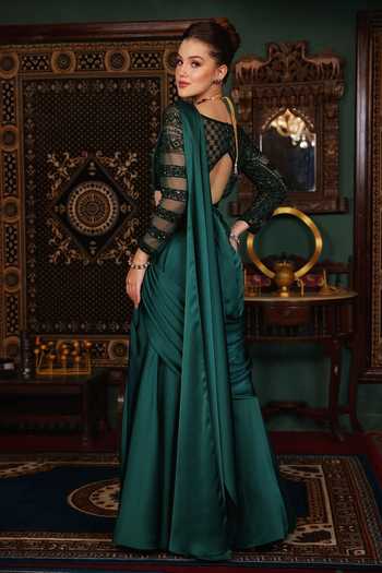 Lasha_Emerald Green Satin, Net Sweetheart Neck Plain Pre-draped Saree And Blouse Set _Online_at_Aza_Fashions
