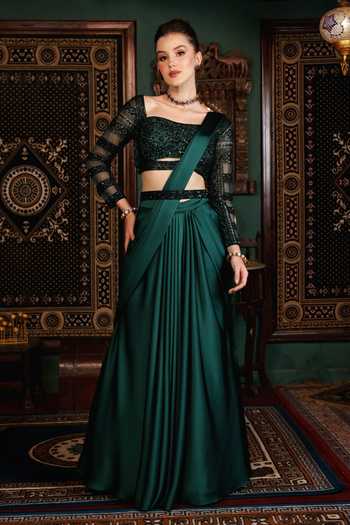 Shop_Lasha_Emerald Green Satin, Net Sweetheart Neck Plain Pre-draped Saree And Blouse Set _Online_at_Aza_Fashions