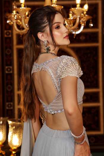 Lasha_Blue Net Square Neck Cutwork Lehenga Saree Set _Online_at_Aza_Fashions