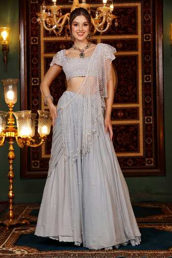 Buy_Lasha_Blue Net Square Neck Cutwork Lehenga Saree Set _Online_at_Aza_Fashions