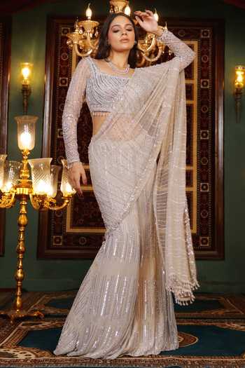 Shop_Lasha_Silver Round Neck Hand Embellished Saree And Blouse Set _Online_at_Aza_Fashions