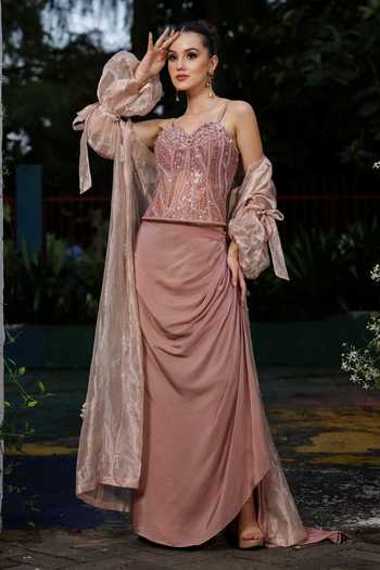 Lasha Hand Beaded Tissue Corset & Draped Skirt Set 