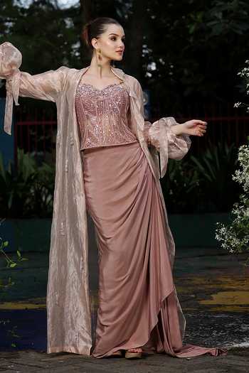 Shop_Lasha_Pink Crepe, Net, Tissue Beads Sweetheart Neck, Hand Corset And Draped Skirt Set _Online_at_Aza_Fashions