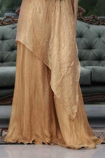 Lasha_Gold Tissue Embroidery, Beads, Pearls, Zari, Crystals One Shoulder, Kaftan Set _Online_at_Aza_Fashions