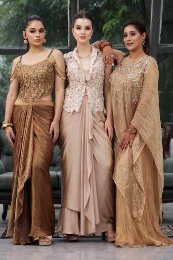 Buy_Lasha_Gold Tissue Embroidery, Beads, Pearls, Zari, Crystals One Shoulder, Kaftan Set _Online_at_Aza_Fashions