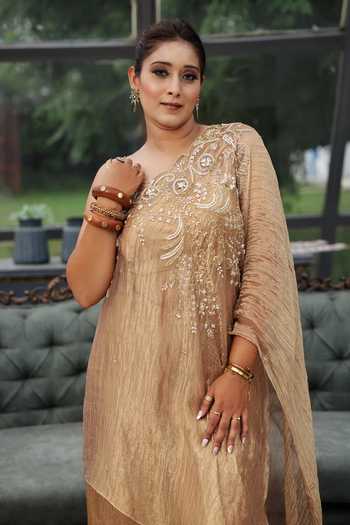 Shop_Lasha_Gold Tissue Embroidery, Beads, Pearls, Zari, Crystals One Shoulder, Kaftan Set _Online_at_Aza_Fashions