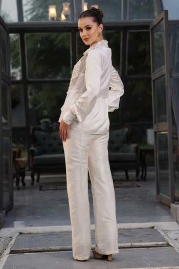 Shop Lasha Ivory Silk Fabric Flowers Collared Organza Shirt Trouser Set at Aza Fashions Shop_Lasha_Ivory Silk Fabric Flowers Collared Organza Shirt Trouser Set _at_Aza_Fashions