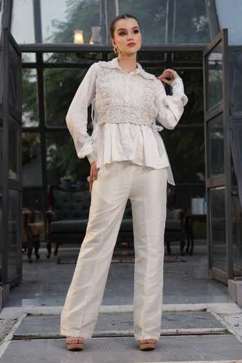 Buy Lasha Ivory Silk Fabric Flowers Collared Organza Shirt Trouser Set at Aza Fashions Buy_Lasha_Ivory Silk Fabric Flowers Collared Organza Shirt Trouser Set _at_Aza_Fashions