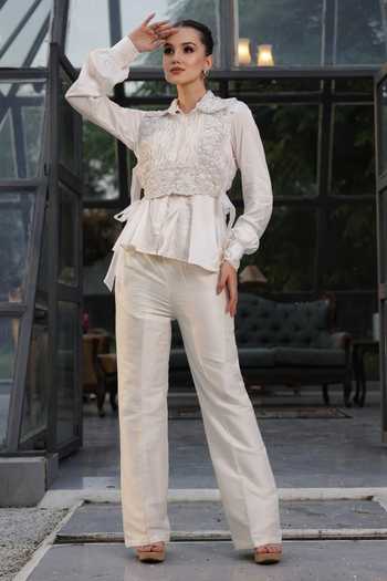 Lasha Ivory Silk Fabric Flowers Collared Organza Shirt Trouser Set Online at Aza Fashions Lasha_Ivory Silk Fabric Flowers Collared Organza Shirt Trouser Set _Online_at_Aza_Fashions