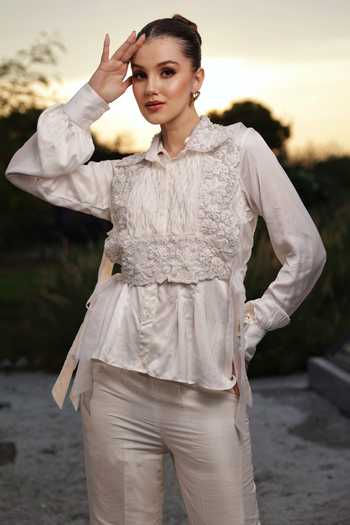 Buy Lasha Ivory Silk Fabric Flowers Collared Organza Shirt Trouser Set Online at Aza Fashions Buy_Lasha_Ivory Silk Fabric Flowers Collared Organza Shirt Trouser Set _Online_at_Aza_Fashions