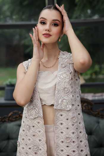 Lasha_Grey Silk Cut Work Open , Bandeau Jacket Palazzo Set _Online_at_Aza_Fashions