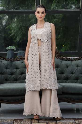 Shop_Lasha_Grey Silk Cut Work Open , Bandeau Jacket Palazzo Set _Online_at_Aza_Fashions