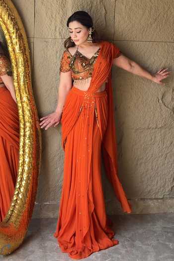 Lasha_Orange Georgette Halter Neck Embroidered Pre-draped Saree And Blouse Set _at_Aza_Fashions