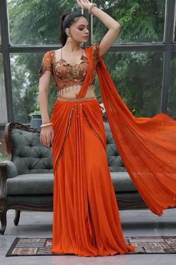 Buy_Lasha_Orange Georgette Halter Neck Embroidered Pre-draped Saree And Blouse Set 