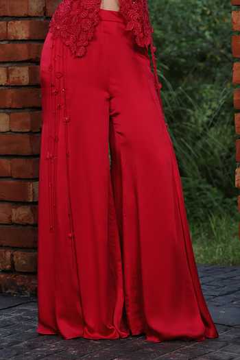 Lasha_Red Organza, Satin Open , Round Cutwork Jacket Palazzo Set _Online_at_Aza_Fashions