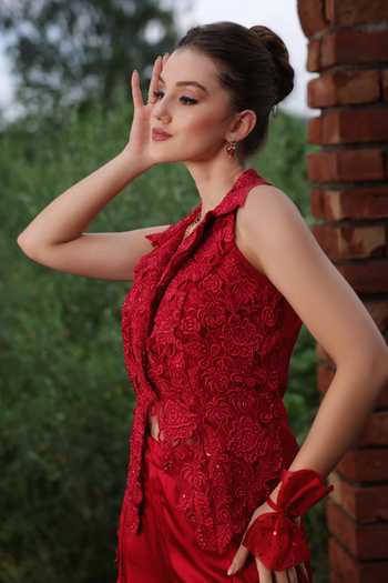 Buy_Lasha_Red Organza, Satin Open , Round Cutwork Jacket Palazzo Set _Online_at_Aza_Fashions