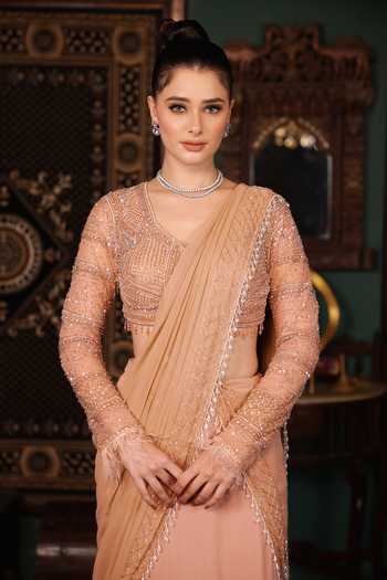 Lasha_Peach Georgette, Net V-neck Pre-draped Ruffle Saree And Blouse Set _Online_at_Aza_Fashions