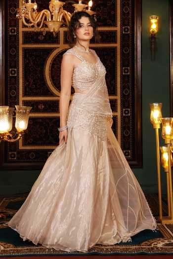 Buy_Lasha_Silver Silk, Net, Tissue One Shoulder Pure Embellished Lehenga Set _Online_at_Aza_Fashions