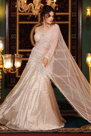 Shop_Lasha_Silver Silk, Net, Tissue One Shoulder Pure Embellished Lehenga Set _Online_at_Aza_Fashions