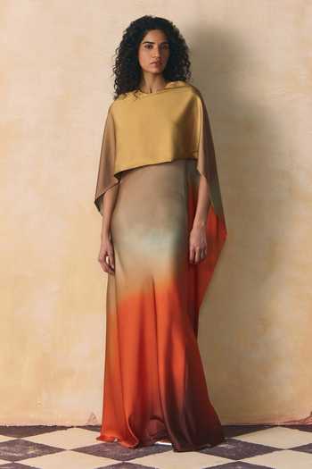 Buy_Zwaan_Orange Satin Halter Neck Luma Cape Dress _Online_at_Aza_Fashions