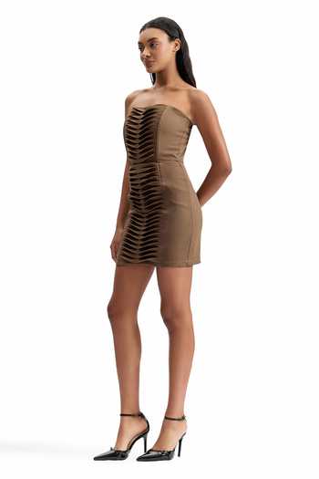 Buy_Cilvr_Brown Viscose, Polyester Bandeau Neck Contour Pleated Strapless Mini Dress 