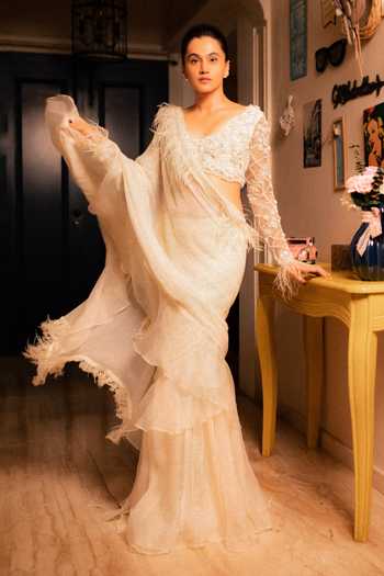 Mani Bhatia Feather Trim Embellished Pre-Draped Ruffle Saree With Blouse 